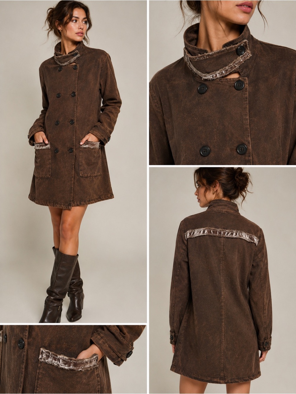 New Brown Washed Double Breasted Coat S/M | Faux Fur Trim | Boho Vintage